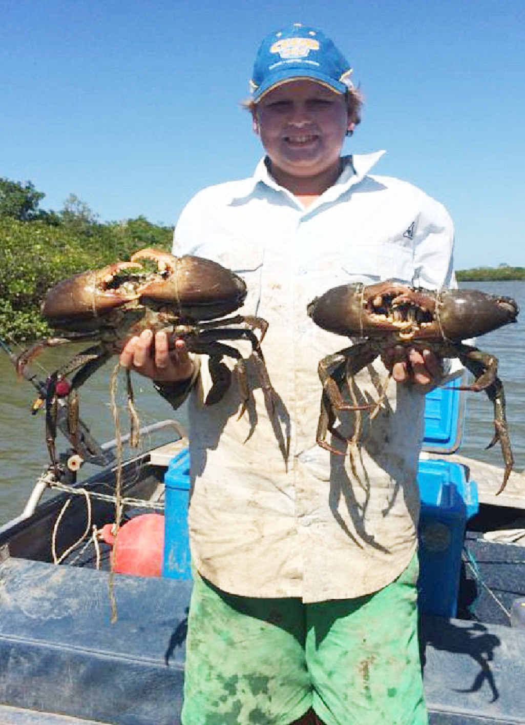 GETTING SNIPPY: Jake Robbo with a fine pair of coory crabs. GETTING SNIPPY: Jake Robbo with a fine pair of coory crabs.